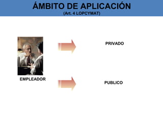 ÁMBITO DE APLICACIÓN
(Art. 4 LOPCYMAT)
PRIVADO
PUBLICO
EMPLEADOR
 