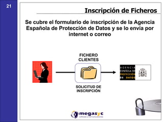 Inscripción de Ficheros Se cubre el formulario de inscripción de la Agencia Española de Protección de Datos y se lo envía por internet o correo FICHERO CLIENTES SOLICITUD DE INSCRIPCIÓN 21 