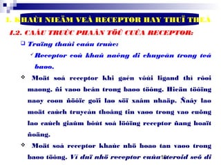 10
I. KHAÙI NIEÄM VEÀ RECEPTOR HAY THUÏ THEÅ
I.2. CAÁU TRUÙC PHAÂN TÖÛ CUÛA RECEPTOR:
 Traïng thaùi caáu truùc:
Receptor coù khaû naêng di chuyeån trong teá
baøo.
 Moät soá receptor khi gaén vôùi ligand thì rôøi
maøng, ñi vaøo beân trong baøo töông. Hieän töôïng
naøy coøn ñöôïc goïi laø söï xaâm nhaäp. Ñaây laø
moät caùch truyeàn thoâng tin vaøo trong vaø cuõng
laø caùch giaûm bôùt soá löôïng receptor ñang hoaït
ñoäng.
 Moät soá receptor khaùc nhö hoaø tan vaøo trong
baøo töông. Ví duï nhö receptor cuûa steroid seõ di
 