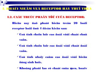 12
I. KHAÙI NIEÄM VEÀ RECEPTOR HAY THUÏ THEÅ
I.2. CAÁU TRUÙC PHAÂN TÖÛ CUÛA RECEPTOR:
Hieän nay ñaõ phaùt hieän treân 20 loaïi
receptor hoäi ñuû 4 ñieàu kieän sau:
 Coù tính choïn loïc cao ñoái vôùi chaát chuû
vaän.
 Coù tính choïn loïc cao ñoái vôùi chaát ñoái
vaän.
 Coù tính nhaïy caûm cao ñoái vôùi hieäu
öùng sinh hoïc.
 Khoâng phaûi laø cô chaát cuûa men, hoaëc
 