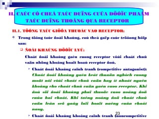 23
II. CAÙC CÔ CHEÁ TAÙC DUÏNG CUÛA DÖÔÏC PHAÅM
TAÙC DUÏNG THOÂNG QUA RECEPTOR
II.1. TÖÔNG TAÙC GIÖÕA THUOÁC VAØ RECEPTOR:
 Trong töông taùc ñoái khaùng, coù theå gaëp caùc tröôøng hôïp
sau:
 ÑOÁI KHAÙNG DÖÔÏC LYÙ:
Chaát ñoái khaùng gaén cuøng receptor vôùi chaát chuû
vaän nhöng khoâng hoaït hoaù receptor ñoù.
 Chaát ñoái khaùng caïnh tranh (competitive antagonist):
Chaát ñoái khaùng gaén keát thuaän nghòch cuøng
moät nôi vôùi chaát chuû vaän hay ít nhaát ngaên
khoâng cho chaát chuû vaän gaén vaøo receptor. Khi
ñoù söï ñoái khaùng phuï thuoäc vaøo noàng ñoä
cuûa hai chaát. Khi taêng noàng ñoä chaát chuû
vaän leân seõ gaây laïi hoaït naêng cuûa chaát
naøy.
 Chaát ñoái khaùng khoâng caïnh tranh (noncompetitive
 