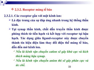 33
2.3.2.1. Các receptor gắn với một kênh ion:
 Là đặc trưng của sự đáp ứng nhanh trong hệ thống thần
kinh.
 Tại synap thần kinh, chất dẫn truyền thần kinh được
phóng thích từ tiền hạch và kết hợp với receptor tại hậu
hạch. Tác dụng giữa ligand-receptor này được chuyển
thành tín hiệu điện làm thay đổi điện thế màng tế bào,
dẫn đến mở kênh ion.
 Nếu là kênh vận chuyển cation sẽ gây khử cực và kích
thích màng hậu synap.
 Nếu là kênh vận chuyển anion thì sẽ gây phân cực và
ức chế.
 2.3.2. Receptor màng tế bào
 