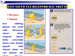 8
I. KHAÙI NIEÄM VEÀ RECEPTOR HAY THUÏ THEÅ
 Receptor
 Ligand:
Laø nhöõng
phaân töû noäi
sinh (hormon,
chaát daãn
truyeàn thaàn
kinh, autacoid)
hoaëc taùc nhaân
ngoaïi sinh
(chaát höõu cô
coù phaân töû
 