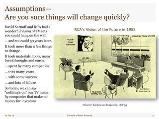 Assumptions—
Are you sure things will change quickly?
David Sarnoff and RCA had a
wonderful vision of TV sets
you could hang on the wall
… and we could 50 years later.
It took more than a few things
to change.
It took materials, tools, many
breakthroughs and euros.
… spent by many companies
… over many years
… with some success
… and lots of failure
So today, we can say
“nothing’s on” our TV made
by companies that make no
money for investors.
10 Jun 12 Towards a Better Forecast 11
RCA’s Vision of the Future in 1955
Source: Technician Magazine, Oct ‘55
 