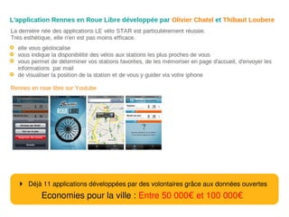 Création applications




 Déjà 11 applications développées par des volontaires grâce aux données ouvertes
       Economies pour la ville : Entre 50 000€ et 100 000€
 
