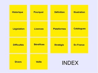 Historique    Pourquoi     Définition   Illustration




Législation   Licences    Plateformes   Catalogues




Difficultés   Bénéfices    Stratégie    En France




  Divers       Veille
                                  INDEX
 