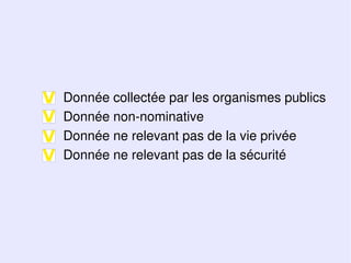 V   Donnée collectée par les organismes publics
V   Donnée non-nominative
V   Donnée ne relevant pas de la vie privée
V   Donnée ne relevant pas de la sécurité
 