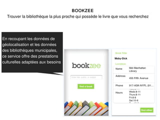 B OOKZEE
  Trouver la bibliothèque la plus proche qui possède le livre que vous recherchez




En recoupant les données de
géolocalisation et les données
des bibliothèques municipales,
ce service offre des prestations
culturelles adaptées aux besoins
 