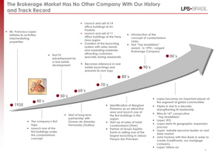 The Brokerage Market Has No Other Company With Our History
 and Track Record

                                                            Launch and sell of 14
                                                             office buildings at Av.
                                                             Paulista
 Mr. Francisco Lopes
                                                            Launch and sell of 11              Introduction of the
  initiates its activities
                                                             office buildings at the Faria       concept of condominium
  intermediating
                                                             Lima region                         clubs
  properties
                                                            Creation of the launching          First “Top Imobiliário”
                                                             system with sales stands            award, in 1993 – Largest
                                                             and marketing materials,            Brokerage Company
                                                             attracting customers
                                     First TV                                                                              00´s
                                                             specially during weekends
                                      advertisement for
                                      a real estate
                                      development           Becomes reference in real
                                                             estate launchings and                       90´s
                                                             presents its new logo

                                                                                             80´s

                                                                          70´s
                                                          60´s
                                            50´s
                                                                                                                 Lopes becomes an important player at
                             40´s                                                                                 the segment of gated communities
       1935                                                                    Identification of Marginal       Triples in size in a decade,
                                                                                Pinheiros as an attractive        strengthening its leadership
                                                                                area and launch one of
                                                Start of long term                                              Wins its 16th consecutive
                                                                                the first buildings in the
                                                 partnership with                                                  “Top Imobiliário”
                                                                                region
                   The company‟s first          Gomes de Almeida                                                Lopes‟ IPO
                                                                               Start up of sales of hotel
                    logo                         Fernandez (Gafisa)                                              Lopes starts its geographic expansion
                                                                                condominium (Flats)
                   Launch one of the                                                                             process
                                                                               Partner of Grupo Espírito
                    first buildings under                                                                        Lopes‟ website become leader on real
                                                                                Santo in selling one of the
                    the condominium                                                                               state market
                                                                                largest launching in Lisboa:
                    concept                                                                                      Joint Venture with Itaú Bank in order to
                                                                                Parque dos Príncipes
                                                                                                                  create CrediPronto, our mortgage
                                                                                                                  company.
                                                                                                                 Lopes‟ follow-on
                                                                                                                                                      4
 