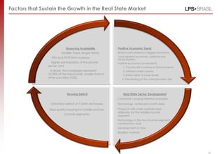 Factors that Sustain the Growth in the Real State Market




                             Financing Availability           Positive Economic Trend
                          Smaller Taxes, longer terms;        Brazil is Latin America’s biggest economy
                   SFH and FGTS limit increase;                and presents economic, political and
                                                              social stability;
                  Higher participation of the private         Positive economic fundaments:
                sector; and                                       1. Country-risk in minimum historical level
                  In Brazil, the mortgages represent              2. Inflation under control
                10-20% of the total credit, smaller than in       3. Extern debt at lower levels
                other countries (70%).
                                                                 4. Decreasing of the unemployment tax




                              Housing Deficit                     Real State Sector Development
                                                              Consumer’s buying intention increase;
                  Estimated deficit of 7.2MM de houses;       Technology achieved in both sides;

                 Bad quality housing for middle and low       Products with more sophisticated
                                                              attributes for the middle income
                            income segments.                  segment;
                                                              Technology in the low income segment
                                                              construction; and
                                                              Development of new
                                                              Brazilian markets.




                                                                                                                42
 