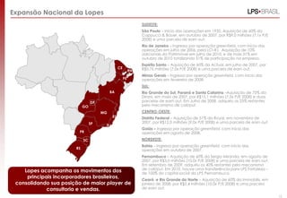 Expansão Nacional da Lopes
                                                                SUDESTE:
                                                                São Paulo – Início das operações em 1935. Aquisição de 60% da
                                                                Cappucci & Bauer, em outubro de 2007, por R$9,0 milhões (7,1x P/E
                                                                2008) e uma parcela de earn out.
                                                                Rio de Janeiro – Ingresso por operação greenfield, com início das
                                                                operações em julho de 2006, pela LCI-RJ. Aquisição de 10%
                                                                adicionais da Patrimóvel em julho de 2010, e de mais 31% em
                                                                outubro de 2010 totalizando 51% de participação na empresa.
                                                                Espírito Santo – Aquisição de 60% da Actual, em julho de 2007, por
                                                 CE             R$5,76 milhões (7,0x P/E 2008) e uma parcela de earn out.
                                                           RN
                                                                Minas Gerais – Ingresso por operação greenfield, com início das
                                                      PE        operações em fevereiro de 2008.
                                                                SUL:
                                           BA                   Rio Grande do Sul, Paraná e Santa Catarina –Aquisição de 75% da
                                                                Dirani, em maio de 2007, por R$15,1 milhões (7,5x P/E 2008) e duas
                                 DF                             parcelas de earn out. Em Julho de 2008, adquiriu os 25% restantes
                            GO                                  pelo mecanismo de call/put.
                                      MG                        CENTRO-OESTE:
                                            ES                  Distrito Federal – Aquisição de 51% da Royal, em novembro de
                                 SP                             2007, por R$12,0 milhões (9,0x P/E 2008) e uma parcela de earn out.
                                       RJ
                                                                Goiás – Ingresso por operação greenfield, com início das
                        PR                                      operações em agosto de 2008.
                            SC                                  NORDESTE:
                                                                Bahia – Ingresso por operação greenfield, com início das
                       RS
                                                                operações em outubro de 2007.
                                                                Pernambuco – Aquisição de 60% da Sergio Miranda, em agosto de
                                                                2007, por R$3,0 milhões (10,0x P/E 2008) e uma parcela de earn out.
                                                                Em setembro de 2009, adquiriu os 40% restantes pelo mecanismo
                                                                de call/put. Em 2010, houve uma transferência para LPS Fortaleza –
    Lopes acompanha os movimentos dos                           de 100% do capital social da LPS Pernambuco.
     principais incorporadores brasileiros,                     Ceará e Rio Grande do Norte – Aquisição de 60% da Immobilis, em
 consolidando sua posição de maior player de                    janeiro de 2008, por R$2,4 milhões (10,0x P/E 2008) e uma parcela
             consultoria e vendas.                              de earn out.

                                                                                                                                      15
 