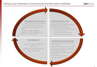 Fatores que Sustentam o Crescimento do Mercado Imobiliário




                     Disponibilidade de Financiamento    Tendência Econômica Positiva
                    Taxas menores, prazos mais longos;   O Brasil é a maior economia da
                 Aumento dos limites SFH e FGTS;         América Latina, e apresenta estabilidade
                                                         econômica, política e social;
                  Aumento da participação do setor       Fundamentos econômicos positivos:
               privado;                                     1. Risco-país em níveis históricos mínimos
                 No Brasil, o crédito imobiliário           2. Inflação sob controle
               representa 10-20% do crédito total,          3. Dívida externa em níveis baixos
               inferior a outros países (70%).
                                                            4. Taxa de desemprego em queda



                          Déficit Habitacional
                                                         Desenvolvimento do Setor Imobiliário
                                                         Aumento da intenção de compra dos
                    Déficit estimado em 7,2MM de         consumidores;
                              domicílios;                Tecnologia alcançada nas duas pontas
                  Moradias de baixa qualidade para       Produtos com atributos mais sofisticados
                         média e baixa renda.            para o segmento médio;
                                                         Tecnologia na construção no segmento
                                                         econômico;
                                                         Desenvolvimento de novos
                                                         mercados no país.




                                                                                                         42
 