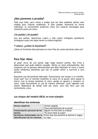 Obras son amores y no meras razones.
Teresa de Avila
¿Nos ponemos a prueba?
Todo muy lindo, pero vamos a probar qué tan bien podemos aplicar este
modelo para resolver problemas. Si bien pueden resolverse en forma
individual, es conveniente probarnos cómo son nuestras estrategias para
resolverlo junto con otros.
¡Yo puedo! ¿Yo puedo?
Con seis palitos, determinar cuatro y sólo cuatro triángulos equiláteros
(triángulos cuyos tres lados tienen la misma longitud)
Y ahora, ¡¿cómo lo hacemos?!
¿Cómo se formarían diez personas en cinco filas de cuatro personas cada una?
Para fijar ideas
Al pasar cerca de una pared, algo rasga nuestra camisa. Nos irrita y
observamos qué pudo haberlo causado. Vemos un clavo sobresaliendo. Nos
enojamos con la persona (desconocida) que dejó sobresalir el clavo y (como
somos solidarios) decidimos que eso no puede volver a ocurrirle a otra
persona.
Buscamos una herramienta adecuada. Encontramos una tenaza y un martillo.
¿Cuál usar? Con el martillo hundimos el clavo en la pared, pero queda la
marca. Con la tenaza quitamos el clavo, queda un agujero y recupero un
clavo. Cada herramienta se usa de manera diferente, ¿cuál sabemos usar
mejor? Dependerá de dónde esté ese clavo, será más fácil usar una
herramienta u otra.
Las etapas del modelo IDEAL en este ejemplo
Identificar los síntomas
Hechos objetivos Camisa rasgada
Clavo sobresaliendo de la pared
Interpretación personal de los
hechos
Alguien no hizo bien su trabajo
“El clavo tiene la culpa”
Decisiones relacionadas con la
identificación de los síntomas
Evitar que otra persona se lastime o rasgue
su ropa
 