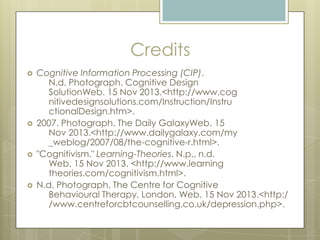 Credits








Cognitive Information Processing (CIP).
N.d. Photograph. Cognitive Design
SolutionWeb. 15 Nov 2013.<http://www.cog
nitivedesignsolutions.com/Instruction/Instru
ctionalDesign.htm>.
2007. Photograph. The Daily GalaxyWeb. 15
Nov 2013.<http://www.dailygalaxy.com/my
_weblog/2007/08/the-cognitive-r.html>.
"Cognitivism." Learning-Theories. N.p., n.d.
Web. 15 Nov 2013. <http://www.learning
theories.com/cognitivism.html>.
N.d. Photograph. The Centre for Cognitive
Behavioural Therapy, London. Web. 15 Nov 2013.<http:/
/www.centreforcbtcounselling.co.uk/depression.php>.

 