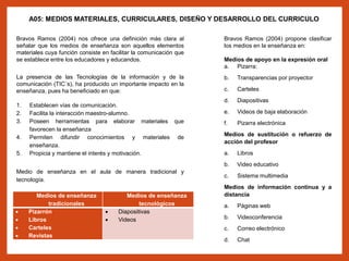 A05: MEDIOS MATERIALES, CURRICULARES, DISEÑO Y DESARROLLO DEL CURRICULO
Bravos Ramos (2004) propone clasificar
los medios en la enseñanza en:
Medios de apoyo en la expresión oral
a. Pizarra:
b. Transparencias por proyector
c. Carteles
d. Diapositivas
e. Videos de baja elaboración
f. Pizarra electrónica
Medios de sustitución o refuerzo de
acción del profesor
a. Libros
b. Video educativo
c. Sistema multimedia
Medios de información continua y a
distancia
a. Páginas web
b. Videoconferencia
c. Correo electrónico
d. Chat
Bravos Ramos (2004) nos ofrece una definición más clara al
señalar que los medios de enseñanza son aquellos elementos
materiales cuya función consiste en facilitar la comunicación que
se establece entre los educadores y educandos.
La presencia de las Tecnologías de la información y de la
comunicación (TIC´s), ha producido un importante impacto en la
enseñanza, pues ha beneficiado en que:
1. Establecen vías de comunicación.
2. Facilita la interacción maestro-alumno.
3. Poseen herramientas para elaborar materiales que
favorecen la enseñanza
4. Permiten difundir conocimientos y materiales de
enseñanza.
5. Propicia y mantiene el interés y motivación.
Medio de enseñanza en el aula de manera tradicional y
tecnología.
Medios de enseñanza
tradicionales
Medios de enseñanza
tecnológicos
 Pizarrón
 Libros
 Carteles
 Revistas
 Diapositivas
 Videos
 