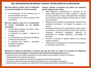 A06: ORGANIZACIÓN DE MEDIOS Y NUEVAS TECNOLOGÍAS EN LA EDUCACIÓN
Menciona algunas razones para la integración
de nuevas tecnologías en centros escolares.
 La incorporación de los beneficios que el
actuar tecnológico comporta.
 La necesidad que la misma educación tiene
que preparar.
Menciona algunos casos de la incorporación
de nuevas tecnologías en los diseños
curriculares.
 La diversidad de fuentes, como libros, videos,
enciclopedias, CD-ROM
 La diversidad de códigos y sistemas de
símbolos
 La confrontación de la abundante diversidad y
cantidad de informaciones:
 La capacidad para codificar y decodificar
mensajes tecnológicos
 Capacidad crítica
Algunas políticas curriculares que habría que adoptarse
para la integración de medios.
 Debe legitimarse curricularmente la educación de los
medios, debe disponer de un diseño, programa o proyecto
curricular específico. Es decir, debe planificarse una política
para el diseño y experimentación curricular para los medios
de comunicación.
 Políticas para la formación del profesorado, elaboración de
materiales curriculares y la dotación de equipos a los
centros.
 Desarrollar políticas para el asesoramiento y apoyo externo
al profesorado, como intercambio de experiencias, oferta de
materiales, orientación pedagógica, asesorías de
planificación de unidades didácticas y actividades de
formación.
 Promover y mantener el debate público en los distintos
medios de difusión.
 Políticas para la investigación en el campo de la Educación
en los Medios de Educación.
Menciona un listado de decisiones y acciones que hay que tomar en cuenta en el proceso de integración
efectiva de nuevas tecnologías en los procesos de enseñanza-aprendizaje (Anónimo,s.f.).
• Análisis riguroso de los objetivos educativos y de los cambios que se desean introducir en el sistema.
• Determinación de los objetivos educativos.
• Comprensión del potencial de diferentes tecnologías para diferentes aplicaciones.
• Examinar la adecuación de las tecnologías específicas a la luz de los objetivos educativos.
• Mantenimiento de un programa de inversiones en las infraestructuras físicas, formativas y humanas.
 
