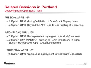 Related Sessions in Portland
Deploying from OpenStack Trunk

TUESDAY, APRIL 16th
 – 2:40pm in B110: Gating/Validation of O...