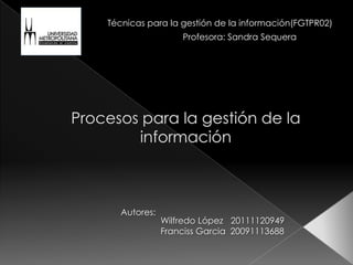  Técnicas para la gestión de la información(FGTPR02) Profesora: Sandra Sequera Procesos para la gestión de la información  Autores: Wilfredo López   20111120949 FrancissGarcia  20091113688 