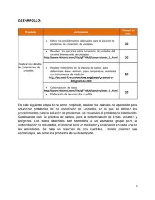 3
DESARROLLO:
Propósito Actividades
Tiempo en
min.
Realizar los cálculos
de conversiones de
unidades.
.
 Definir los procedimientos adecuados para la solución de
problemas de conversión de unidades. 30
 Resolver los ejercicios sobre conversión de unidades del
sistema Internacional de Unidades.
http://www.4shared.com/file/qTTIf0uR/conversiones_1_.html 30
 Realizar mediciones de la práctica de campo para
determinara áreas, volumen, peso, temperatura, auxiliados
con instrumentos de medición.
http://es.metric-conversions.org/peso/gramos-a-
kilogramos.htm
60
 Comprobación de datos
http://www.4shared.com/file/qTTIf0uR/conversiones_1_.html
 Elaboración de resumen dos cuartilla.
30
En esta siguiente etapa tiene como propósito, realizar los cálculos de operación para
solucionar problemas de de conversión de unidades, en la que se definen los
procedimientos para la solución de problemas, se resuelven el problemario establecido.
Continuando con la práctica de campo, para la determinación de áreas, volumen y
polígonos. Los datos obtenidos son sometidos a un escrutinio grupal para la
comprobación de resultados, el docente será un mediador y observador en cada una de
las actividades. Se hará un resumen de dos cuartillas, donde plasmen sus
aprendizajes, así como los productos de su desempeño.
 