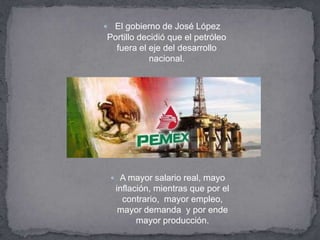 El gobierno de José López
Portillo decidió que el petróleo
  fuera el eje del desarrollo
            nacional.




     A mayor salario real, mayo
     inflación, mientras que por el
       contrario, mayor empleo,
      mayor demanda y por ende
           mayor producción.
 