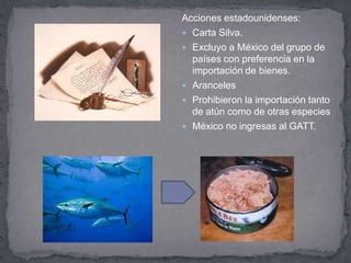 Acciones estadounidenses:
 Carta Silva.
 Excluyo a México del grupo de
  países con preferencia en la
  importación de bienes.
 Aranceles
 Prohibieron la importación tanto
  de atún como de otras especies
 México no ingresas al GATT.
 