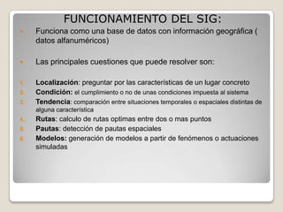 FUNCIONAMIENTO DEL SIG:
    Funciona como una base de datos con información geográfica (
     datos alfanuméricos)

    Las principales cuestiones que puede resolver son:

1.   Localización: preguntar por las características de un lugar concreto
2.   Condición: el cumplimiento o no de unas condiciones impuesta al sistema
3.   Tendencia: comparación entre situaciones temporales o espaciales distintas de
     alguna característica
4.   Rutas: calculo de rutas optimas entre dos o mas puntos
5.   Pautas: detección de pautas espaciales
6.   Modelos: generación de modelos a partir de fenómenos o actuaciones
     simuladas
 