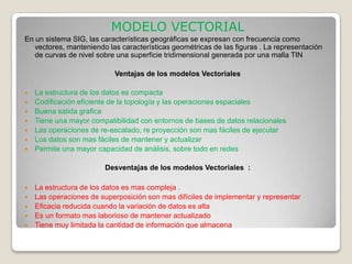 MODELO VECTORIAL
En un sistema SIG, las características geográficas se expresan con frecuencia como
   vectores, manteniendo las características geométricas de las figuras . La representación
   de curvas de nivel sobre una superficie tridimensional generada por una malla TIN

                           Ventajas de los modelos Vectoriales

   La estructura de los datos es compacta
   Codificación eficiente de la topología y las operaciones espaciales
   Buena salida grafica
   Tiene una mayor compatibilidad con entornos de bases de datos relacionales
   Las operaciones de re-escalado, re proyección son mas fáciles de ejecutar
   Los datos son mas fáciles de mantener y actualizar
   Permite una mayor capacidad de análisis, sobre todo en redes

                        Desventajas de los modelos Vectoriales :

   La estructura de los datos es mas compleja .
   Las operaciones de superposición son mas difíciles de implementar y representar
   Eficacia reducida cuando la variación de datos es alta
   Es un formato mas laborioso de mantener actualizado
   Tiene muy limitada la cantidad de información que almacena
 