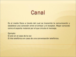 Es el medio físico a través del cual se transmite la comunicación y
establece una conexión entre el emisor y el receptor. Mejor conocido
como el soporte material por el que circula el mensaje.

Ejemplo:
El aire en el caso de la voz
El hilo telefónico en caso de una conversación telefónica.
 