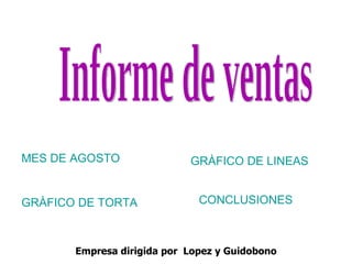 Informe de ventas  MES DE AGOSTO GRÀFICO DE LINEAS GRÀFICO DE TORTA CONCLUSIONES Empresa dirigida por  Lopez y Guidobono 
