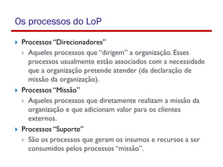 Os processos do LoP
 Processos “Direcionadores”
 Aqueles processos que “dirigem” a organização. Esses
processos usualmente estão associados com a necessidade
que a organização pretende atender (da declaração de
missão da organização).
 Processos “Missão”
 Aqueles processos que diretamente realizam a missão da
organização e que adicionam valor para os clientes
externos.
 Processos “Suporte”
 São os processos que geram os insumos e recursos a ser
consumidos pelos processos “missão”.
 
