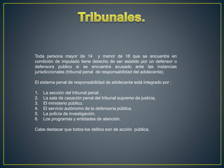 Toda persona mayor de 14 y menor de 18 que se encuentre en
condición de imputado tiene derecho de ser asistido por un defensor o
defensora publico si se encuentra acusado ante las instancias
jurisdiccionales (tribunal penal de responsabilidad del adolecente).
El sistema penal de responsabilidad de adolecente está integrado por :
1. La sección del tribunal penal .
2. La sala de casación penal del tribunal supremo de justicia.
3. El ministerio público.
4. El servicio autónomo de la defensoría pública.
5. La policía de investigación.
6. Los programas y entidades de atención.
Cabe destacar que todos los delitos son de acción pública.
 