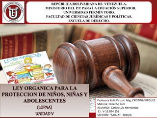 REPÚBLICA BOLIVARIANA DE VENEZUELA.
MINISTERIO DEL P.P. PARA LA EDUACIÓN SUPERIOR.
UNIVERSIDAD FERMÍN TORO.
FACULTAD DE CIENCIAS JURÍDICAS Y POLÍTICAS.
ESCUELA DE DERECHO.
Profesora Aula Virtual: Abg. CRISTINA VIRGUEZ
Materia: Derecho Civil
ALUMNO: Carlos Luis Hernández
C.I. V-12.894.155
SECCIÓN: “SAIA-A” 2016/A
 