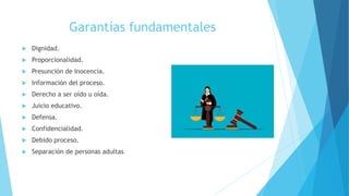 Garantías fundamentales
 Dignidad.
 Proporcionalidad.
 Presunción de Inocencia.
 Información del proceso.
 Derecho a ser oído u oída.
 Juicio educativo.
 Defensa.
 Confidencialidad.
 Debido proceso.
 Separación de personas adultas
 