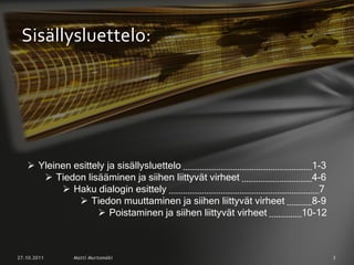 Sisällysluettelo:




 Yleinen esittely ja sisällysluettelo                          1-3
    Tiedon lisääminen ja siihen liittyvät virheet              4-6
        Haku dialogin esittely                                   7
            Tiedon muuttaminen ja siihen liittyvät virheet     8-9
                 Poistaminen ja siihen liittyvät virheet     10-12
 