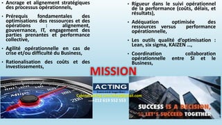 • Ancrage et alignement stratégiques
des processus opérationnels,
• Prérequis fondamentales des
optimisations des ressources et des
opérations : alignement,
gouvernance, IT, engagement des
parties prenantes et performance
collective,
• Agilité opérationnelle en cas de
crise et/ou difficulté du Business,
• Rationalisation des coûts et des
investissements,
• Rigueur dans le suivi opérationnel
de la performance (coûts, délais, et
résultats),
• Adéquation optimisée des
ressources versus performance
opérationnelle,
• Les outils qualité d’optimisation :
Lean, six sigma, KAIZEN …,
• Coordination collaboration
opérationnelle entre SI et le
Business,
MISSION
Cabinet.acting.consulting@gmail.com
+212 619 552 553