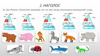 2. НАГОЛОС
2а. Гра «Регата». Розмістити пасажирів яхт на свої місця, визначаючи наголошений склад
 