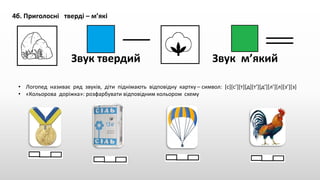 4б. Приголосні тверді – м’які
Звук твердий Звук м’який
• Логопед називає ряд звуків, діти піднімають відповідну картку – символ: [с][с’][т][д][т’][д’][л’][л][з’][з]
• «Кольорова доріжка»: розфарбувати відповідним кольором схему
 