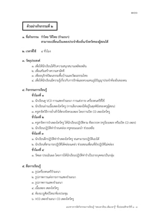 100
แนวทางการจัดกิจกรรมการเรียนรู฾ “ลดเวลาเรียน เพิ่มเวลารู฾” ชั้นปะถมศึกษาปีที่ 1 - 3
1. ชื่อกิจกรรม ราไทย วิถีไทย (รามะนา)
สามารถเปลี่ยนเป็นเพลงประจาท้องถิ่น/จังหวัดของผู้สอนได้
2. เวลาที่ใช้ 4 ชั่วโมง
3. วัตถุประสงค์
1. เพื่อให฾นักเรียนได฾รับความสนุกสนานเพลิดเพลิน
2. เพื่อเสริมสร฾างความสามัคคี
3. เพื่ออนุรักษแวัฒนธรรมพื้นบ฾านและวัฒนธรรมไทย
4. เพื่อให฾นักเรียนมีความรู฾เกี่ยวกับการรักษแและหวงแหนภูมิปใญญาประจาท฾องถิ่นของตน
4. กิจกรรมการเรียนรู้
ชั่วโมงที่ 1
1. นักเรียนดู VCD การแสดงรามะนา การแต฽งกาย เครื่องดนตรีที่ใช฾
2. นักเรียนอ฽านเนื้อเพลงไหว฾ครู (การเลือกเพลงให฾อยู฽ในดุลพินิจของครูผู฾สอน)
3. ครูสาธิตวิธีการย่าเท฾าให฾ตรงจังหวะเพลง โดยการเปิด CD เพลงไหว฾ครู
ชั่วโมงที่ 2
1. ครูสาธิตการราเพลงไหว฾ครู ให฾นักเรียนปฏิบัติตาม ทีละวรรค (ครูร฾องเพลง หรือเปิด CD เพลง)
2. นักเรียนปฏิบัติท฽าราจนคล฽อง ครูคอยแนะนา ช฽วยเหลือ
ชั่งโมงที่ 3
1. นักเรียนฝึกปฏิบัติท฽าราเพลงไหว฾ครู จนสามารถปฏิบัติเองได฾
2. นักเรียนที่สามารถปฏิบัติได฾คล฽องแคล฽ว ช฽วยสอนเพื่อนที่ยังปฏิบัติไม฽คล฽อง
ชั่วโมงที่ 4
1. วัดผล ประเมินผล โดยการให฾นักเรียนปฏิบัติท฽าราเป็นรายบุคคล/เป็นกลุ฽ม
5. สื่อการเรียนรู้
1. รูปเครื่องดนตรีรามะนา
2. รูปภาพการแต฽งกายการแสดงรามะนา
3. รูปภาพการแสดงรามะนา
4. เนื้อเพลง เพลงไหว฾ครู
5. ห฾องนาฏศิลป฼ไทย/ห฾องประชุม
6. VCD เพลงรามะนา CD เพลงไหว฾ครู
ตัวอย่างกิจกรรมที่ 2
 