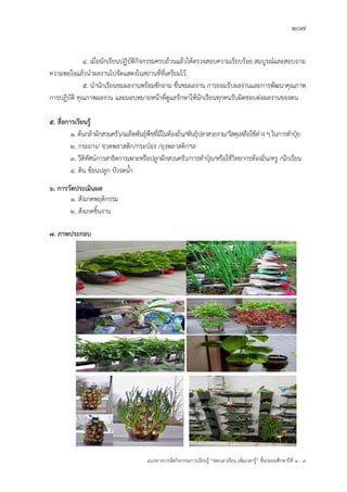 107
แนวทางการจัดกิจกรรมการเรียนรู฾ “ลดเวลาเรียน เพิ่มเวลารู฾” ชั้นปะถมศึกษาปีที่ 1 - 3
4. เมื่อนักเรียนปฏิบัติกิจกรรมครบถ฾วนแล฾วให฾ตรวจสอบความเรียบร฾อย สมบูรณแและสอบถาม
ความพอใจแล฾วนาผลงานไปจัดแสดงในสถานที่ที่เตรียมไว฾
5. นานักเรียนชมผลงานพร฾อมซักถาม ชื่นชมผลงาน การยอมรับผลงานและการพัฒนาคุณภาพ
การปฏิบัติ คุณภาพผลงาน และมอบหมายหน฾าที่ดูแลรักษาให฾นักเรียนทุกคนรับผิดชอบต฽อผลงานของตน
๕. สื่อการเรียนรู้
๑. ต฾นกล฾าผักสวนครัว/เมล็ดพันธุแพืชที่มีในท฾องถิ่น/พันธุแปลาสวยงาม/วัสดุเหลือใช฾ต฽าง ๆ ในการทาปุ฻ย
๒. กระถาง/ ขวดพลาสติก/กระป฻อง /ถุงพลาสติกฯล
๓. วีดิทัศนแการสาธิตการเพาะหรือปลูกผักสวนครัว/การทาปุ฻ย/หรือใช฾วิทยากรท฾องถิ่น/ครู /นักเรียน
๔. ดิน ช฾อนปลูก บัวรดน้า
๖. การวัดประเมินผล
1. สังเกตพฤติกรรม
2. สังเกตชิ้นงาน
๗. ภาพประกอบ
 