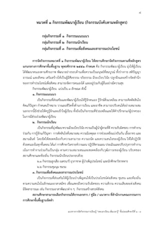 8
แนวทางการจัดกิจกรรมการเรียนรู้ “ลดเวลาเรียน เพิ่มเวลารู้” ชั้นปะถมศึกษาปีที่ 1 - 3
หมวดที่ ๑ กิจกรรมพัฒนาผู้เรียน (กิจกรรมบังคับตามหลักสูตร)
กลุ่มกิจกรรมที่ ๑ กิจกรรมแนะแนว
กลุ่มกิจกรรมที่ ๒ กิจกรรมนักเรียน
กลุ่มกิจกรรมที่ ๓ กิจกรรมเพื่อสังคมและสาธารณประโยชน์
การจัดกิจกรรมหมวดที่ ๑ กิจกรรมพัฒนาผู้เรียน ให้สถานศึกษาจัดกิจกรรมตามที่หลักสูตร
แกนกลางการศึกษาขั้นพื้นฐาน พุทธศักราช ๒๕๕๑ กาหนด คือ กิจกรรมพัฒนาผู้เรียน มุ่งให้ผู้เรียน
ได้พัฒนาตนเองตามศักยภาพ พัฒนาอย่างรอบด้านเพื่อความเป็นมนุษย์ที่สมบูรณ์ ทั้งร่างกาย สติปัญญา
อารมณ์ และสังคม เสริมสร้างให้เป็นผู้มีศีลธรรม จริยธรรม มีระเบียบวินัย ปลูกฝังและสร้างจิตสานึก
ของการทาประโยชน์เพื่อสังคม สามารถจัดการตนเองได้ และอยู่ร่วมกับผู้อื่นอย่างมีความสุข
กิจกรรมพัฒนาผู้เรียน แบ่งเป็น ๓ ลักษณะ ดังนี้
๑. กิจกรรมแนะแนว
เป็นกิจกรรมที่ส่งเสริมและพัฒนาผู้เรียนให้รู้จักตนเอง รู้รักษ์สิ่งแวดล้อม สามารถคิดตัดสินใจ
คิดแก้ปัญหา กาหนดเป้าหมาย วางแผนชีวิตทั้งด้านการเรียน และอาชีพ สามารถปรับตนได้อย่างเหมาะสม
นอกจากนี้ยังช่วยให้ครูรู้จักและเข้าใจผู้เรียน ทั้งยังเป็นกิจกรรมที่ช่วยเหลือและให้คาปรึกษาแก่ผู้ปกครอง
ในการมีส่วนร่วมพัฒนาผู้เรียน
๒. กิจกรรมนักเรียน
เป็นกิจกรรมที่มุ่งพัฒนาความมีระเบียบวินัย ความเป็นผู้นาผู้ตามที่ดี ความรับผิดชอบ การทางาน
ร่วมกัน การรู้จักแก้ปัญหา การตัดสินใจที่เหมาะสม ความมีเหตุผล การช่วยเหลือแบ่งปันกัน เอื้ออาทร และ
สมานฉันท์ โดยจัดให้สอดคล้องกับความสามารถ ความถนัด และความสนใจของผู้เรียน ให้ได้ปฏิบัติ
ด้วยตนเองในทุกขั้นตอน ได้แก่ การศึกษาวิเคราะห์วางแผน ปฏิบัติตามแผน ประเมินและปรับปรุงการทางาน
เน้นการทางานร่วมกันเป็นกลุ่ม ตามความเหมาะสมและสอดคล้องกับวุฒิภาวะของผู้เรียน บริบทของ
สถานศึกษาและท้องถิ่น กิจกรรมนักเรียนประกอบด้วย
๒.๑ กิจกรรมลูกเสือ เนตรนารี ยุวกาชาด ผู้บาเพ็ญประโยชน์ และนักศึกษาวิชาทหาร
๒.๒ กิจกรรมชุมนุม ชมรม
๓. กิจกรรมเพื่อสังคมและสาธารณประโยชน์
เป็นกิจกรรมที่ส่งเสริมให้ผู้เรียนบาเพ็ญตนให้เป็นประโยชน์ต่อสังคม ชุมชน และท้องถิ่น
ตามความสนใจในลักษณะอาสาสมัคร เพื่อแสดงถึงความรับผิดชอบ ความดีงาม ความเสียสละต่อสังคม
มีจิตสาธารณะ เช่น กิจกรรมอาสาพัฒนาต่าง ๆ กิจกรรมสร้างสรรค์สังคม
สถานศึกษาสามารถเลือกกิจกรรมได้จากเอกสาร / คู่มือ / แนวทาง ที่สานักงานคณะกรรมการ
การศึกษาขั้นพื้นฐานจัดทา
 