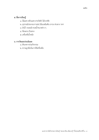 156
แนวทางการจัดกิจกรรมการเรียนรู฾ “ลดเวลาเรียน เพิ่มเวลารู฾” ชั้นปะถมศึกษาปีที่ 1 - 3
5. สื่อการเรียนรู้
1. ไม฾เมตร ตลับเมตร สายวัดตัว ไม฾บรรทัด
2. อุปกรณแประกอบการเล฽น ไม฾แบตมินตัน ยางวง ห฽วงยาง ฯลฯ
3. ถังน้า กะละมัง ขวดน้าขนาดต฽าง ๆ
4. ช฾อนตวง ถ฾วยตวง
5. เครื่องชั่งน้าหนัก
6. การวัดและประเมินผล
1. สังเกตการร฽วมกิจกรรม
2. ความถูกต฾องในการใช฾เครื่องมือ
 