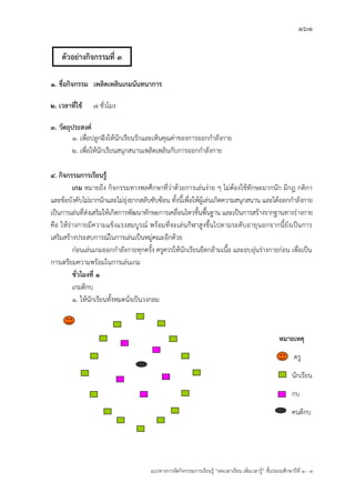 161
แนวทางการจัดกิจกรรมการเรียนรู฾ “ลดเวลาเรียน เพิ่มเวลารู฾” ชั้นปะถมศึกษาปีที่ 1 - 3
๑. ชื่อกิจกรรม เพลิดเพลินเกมนันทนาการ
๒. เวลาที่ใช้ 7 ชั่วโมง
3. วัตถุประสงค์
๑. เพื่อปลูกฝใงให฾นักเรียนรักและเห็นคุณค฽าของการออกกาลังกาย
๒. เพื่อให฾นักเรียนสนุกสนานเพลิดเพลินกับการออกกาลังกาย
๔. กิจกรรมการเรียนรู้
เกม หมายถึง กิจกรรมทางพลศึกษาที่ว฽าด฾วยการเล฽นง฽าย ๆ ไม฽ต฾องใช฾ทักษะมากนัก มีกฎ กติกา
และข฾อบังคับไม฽มากนักและไม฽ยุ฽งยากสลับซับซ฾อน ทั้งนี้เพื่อให฾ผู฾เล฽นเกิดความสนุกสนาน และได฾ออกกาลังกาย
เป็นการเล฽นที่ส฽งเสริมให฾เกิดการพัฒนาทักษะการเคลื่อนไหวขั้นพื้นฐาน และเป็นการสร฾างรากฐานทางร฽างกาย
คือ ให฾ร฽างกายมีความแข็งแรงสมบูรณแ พร฾อมที่จะเล฽นกีฬาสูงขึ้นไปตามระดับอายุนอกจากนี้ยังเป็นการ
เสริมสร฾างประสบการณแในการเล฽นเป็นหมู฽คณะอีกด฾วย
ก฽อนเล฽นเกมออกกาลังกายทุกครั้ง ครูควรให฾นักเรียนยืดกล฾ามเนื้อ และอบอุ฽นร฽างกายก฽อน เพื่อเป็น
การเตรียมความพร฾อมในการเล฽นเกม
ชั่วโมงที่ ๑
เกมตีกบ
1. ให฾นักเรียนทั้งหมดนั่งเป็นวงกลม
หมายเหตุ
ครู
นักเรียน
กบ
คนตีกบ
ตัวอย่างกิจกรรมที่ 3
 