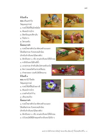 17
แนวทางการจัดกิจกรรมการเรียนรู฾ “ลดเวลาเรียน เพิ่มเวลารู฾” ชั้นปะถมศึกษาปีที่ 1 - 3
ชั่วโมงที่ 2
ตอน เห็นแสงราไร
วัสดุและอุปกรณแ
1. ขวดน้าดื่มที่ใช฾แล฾วชนิดใส
2. คัดเตอรแ/กรรไกร
3. สีสะท฾อนแสง/สีทาเล็บ
4. ปืนยิงกาว
5. ไฟกระพริบ
ขั้นตอนการทา
1. ขวดน้าพลาสติกนามาตัดขวดด฾านบนออก
ให฾เหลือฝาขวด กับคอขวดเล็กน฾อย
(สาหรับทากลีบดอกไม฾พลาสติก)
2. ตัดกลีบดอก 6 กลีบ ตกแต฽งกลีบดอกให฾โค฾งกลม
3. ทาสีกลีบดอกไม฾ด฾วยสีน้า
4. เจาะฝาขวด สาหรับเสียบไฟกระพริบลงไป
5. ติดกาวหลอดไฟกับฝาขวดให฾แน฽น
6. ทาหลายดอก ประดับไฟให฾สวยงาม
ชั่วโมงที่ 3
ตอน ดอกไม฾ รีไซเคิล
วัสดุและอุปกรณแ
1. ขวดน้าดื่มที่ใช฾แล฾วหลากสี
2. คัดเตอรแ/กรรไกร
3. ลวดสาหรับทาก฾าน
4. เทียน/ตะเกียง
ขั้นตอนการทา
1. ขวดน้าพลาสติกนามาตัดขวดด฾านบนออก
ให฾เหลือฝาขวด กับคอขวดเล็กน฾อย
(สาหรับทากลีบดอกไม฾พลาสติก)
2. ตัดกลีบดอก 6 กลีบ ตกแต฽งกลีบดอกให฾โค฾งกลม
3. นาไปลนไฟให฾มีลักษณะคล฾ายกลีบดอกไม฾จริง ๆ
 