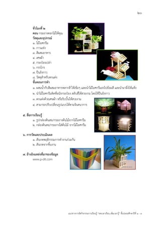20
แนวทางการจัดกิจกรรมการเรียนรู฾ “ลดเวลาเรียน เพิ่มเวลารู฾” ชั้นปะถมศึกษาปีที่ 1 - 3
ชั่วโมงที่ 2
ตอน กระถางดอกไม฾ให฾คุณ
วัสดุและอุปกรณ์
1. ไม฾ไอศกรีม
2. กาวแท฽ง
3. สีผสมอาหาร
4. เศษผ฾า
5. กระป฻องเปล฽า
6. กรรไกร
7. ปืนยิงกาว
8. วัสดุสาหรับตกแต฽ง
ขั้นตอนการทา
1. ผสมน้ากับสีผสมอาหารหลากสี ให฾เข฾มๆ และนาไม฾ไอศกรีมลงไปย฾อมสี และนามาผึ่งให฾แห฾ง
2. นาไม฾ไอศกรีมติดที่ผนังกระป฻อง สลับสีให฾สวยงาม โดยใช฾ปืนยิงกาว
3. ตกแต฽งด฾วยเศษผ฾า หรือริบบิ้นให฾สวยงาม
4. สามารถปรับเปลี่ยนรูปแบบได฾ตามจินตนาการ
5. สื่อการเรียนรู้
1. รูปกล฽องดินสอ/กระถางต฾นไม฾จากไม฾ไอศกรีม
2. กล฽องดินสอ/กระถางใส฽ต฾นไม฾ จากไม฾ไอศกรีม
6. การวัดและประเมินผล
1. สังเกตพฤติกรรมการทางานร฽วมกัน
2. สังเกตจากชิ้นงาน
7. อ้างอิงแหล่งที่มาของข้อมูล
www.p-dit.com
 