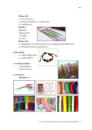 22
แนวทางการจัดกิจกรรมการเรียนรู฾ “ลดเวลาเรียน เพิ่มเวลารู฾” ชั้นปะถมศึกษาปีที่ 1 - 3
ขั้นตอนการทา
1. ทากาวรอบกระป฻อง
2. นาเชือกหลากสีมาพันรอบ ๆ กระป฻องจนเต็ม
3. ตกแต฽งให฾สวยงาม
ชั่วโมงที่ 3
ตอน ผูกพัน
วัสดุและอุปกรณแ
1. ไหมญี่ปุุน
2. กรรไกร
ขั้นตอนการทา
1. นาไหมญี่ปุุนหลายหลากสีมาถักเป็นเปียความยาวเท฽าข฾อมือตนเองมัดปมให฾เรียบร฾อย
2. ถ฾ามีกระดิ่งสามารถนามาประดับให฾สวยงาม
5. สื่อการเรียนรู้
1. ภาพสิ่งประดิษฐแจากเชือก
2. ภาพเชือกชนิดต฽าง ๆ
6. การวัดและประเมินผล
1. สังเกตพฤติกรรม
2. สังเกตจากชิ้นงาน
7. ภาพประกอบ
เชือกชนิดต่าง ๆ
 