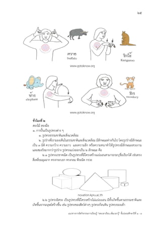 25
แนวทางการจัดกิจกรรมการเรียนรู฾ “ลดเวลาเรียน เพิ่มเวลารู฾” ชั้นปะถมศึกษาปีที่ 1 - 3
www.gotoknow.org
www.gotoknow.org
ชั่วโมงที่ 2
สองไม฾ สองมือ
1. การปใ้นเป็นรูปทรงต฽าง ๆ
1. รูปทรงธรรมชาติและสิ่งแวดล฾อม
2. รูปร฽างที่เรามองเห็นในธรรมชาติและสิ่งแวดล฾อม มีลักษณะต฽างกันไป โดยรูปร฽างมีลักษณะ
เป็น ๓ มิติ ความกว฾าง ความยาว และความลึก หรือความหนาทาให฾รูปทรงมีลักษณะสวยงาม
และสมจริงมากกว฽ารูปร฽าง รูปทรงแบ฽งออกเป็น ๒ ลักษณะ คือ
2.1 รูปทรงเรขาคณิต เป็นรูปทรงที่มีโครงสร฾างแน฽นอนสามารถระบุชื่อเรียกได฾ เช฽นทรง
สี่เหลี่ยมมุมฉาก ทรงกระบอก ทรงกลม พีระมิด กรวย
novation.kpru.ac.th
2.2 รูปทรงอิสระ เป็นรูปทรงที่มีโครงสร฾างไม฽แน฽นนอน มีทั้งเกิดขึ้นตามธรรมชาติและ
เกิดขึ้นจากมนุษยแสร฾างขึ้น เช฽น รูปทรงของสัตวแต฽างๆ รูปทรงก฾อนหิน รูปทรงรองเท฾า
 