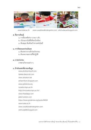 28
แนวทางการจัดกิจกรรมการเรียนรู฾ “ลดเวลาเรียน เพิ่มเวลารู฾” ชั้นปะถมศึกษาปีที่ 1 - 3
www.thaigoodview.com
www.kukai.ac.th www.suwattanakindergarten.com witchuda08.blogspot.com
5. สื่อการเรียนรู้
๑. การสังเกตสิ่งต฽าง ๆ รอบ ๆ ตัว
๒. บริเวณภายในพื้นที่ของโรงเรียน
๓. ห฾องสมุด ห฾องค฾นคว฾าทางเทคโนโลยี
6. การวัดผลและประเมินผล
1. สังเกตจากการเข฾าร฽วมกิจกรรม
๒. สังเกตจากผลงานที่ได฾ปฏิบัติ
7. ภาพประกอบ
ภาพตามกิจกรรมต฽าง ๆ
8. อ้างอิงแหล่งที่มาของข้อมูล
www.photoontour9.com
tykatai.diaryclub.com
www.oknation.net
artlaemkom.blogspot.com
www.gotoknow.org
novation.kpru.ac.th
http://innovation.kpru.ac.th/
www.thaiadapp.com
jaikoh.exteen.com
https://www.gotoknow.org/posts/54529
www.kukai.ac.th
www.suwattanakindergarten.com
witchuda08.blogspot.com
 