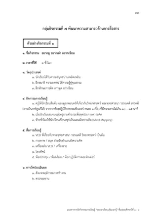 39
แนวทางการจัดกิจกรรมการเรียนรู฾ “ลดเวลาเรียน เพิ่มเวลารู฾” ชั้นปะถมศึกษาปีที่ 1 - 3
กลุ่มกิจกรรมที่ 7 พัฒนาความสามารถด้านการสื่อสาร
1. ชื่อกิจกรรม อยากดู อยากเล่า อยากเขียน
2. เวลาที่ใช้ 1 ชั่วโมง
3. วัตถุประสงค์
1. นักเรียนได฾รับความสนุกสนานเพลิดเพลิน
2. ฝึกสมาธิ ความอดทน ได฾ความรู฾คู฽คุณธรรม
3. ฝึกทักษะการคิด การพูด การเขียน
4. กิจกรรมการเรียนรู้
1. ครูให฾นักเรียนสืบค฾น และดูภาพยนตรแที่เกี่ยวกับวิทยาศาสตรแ พระพุทธศาสนา วรรณคดี สารคดี
(อาจเป็นการแตูนก็ได฾) จากจากห฾องปฏิบัติการคอมพิวเตอรแ คนละ 1 เรื่อง ที่มีความยาวไม฽เกิน 10 – 15 นาที
2. เมื่อนักเรียนชมจบแล฾วครูถามคาถามเพื่อจุดประกายความคิด
3. ท฾ายชั่วโมงให฾นักเรียนเขียนสรุปเป็นแผนผังความคิด (Mind Mapping)
5. สื่อการเรียนรู้
1. VCD ที่เกี่ยวกับพระพุทธศาสนา วรรณคดี วิทยาศาสตรแ เป็นต฾น
2. กระดาษ / สมุด สาหรับทาแผนผังความคิด
3. เครื่องเล฽น VCD / เครื่องฉาย
4. โทรทัศนแ
5. ห฾องประชุม / ห฾องเรียน / ห฾องปฏิบัติการคอมพิวเตอรแ
6. การวัดประเมินผล
1. สังเกตพฤติกรรมการทางาน
2. ตรวจผลงาน
ตัวอย่างกิจกรรมที่ 1
 