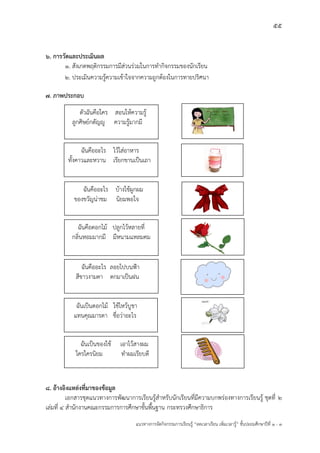 55
แนวทางการจัดกิจกรรมการเรียนรู฾ “ลดเวลาเรียน เพิ่มเวลารู฾” ชั้นปะถมศึกษาปีที่ 1 - 3
6. การวัดและประเมินผล
1. สังเกตพฤติกรรมการมีส฽วนร฽วมในการทากิจกรรมของนักเรียน
2. ประเมินความรู฾ความเข฾าใจจากความถูกต฾องในการทายปริศนา
7. ภาพประกอบ
8. อ้างอิงแหล่งที่มาของข้อมูล
เอกสารชุดแนวทางการพัฒนาการเรียนรู฾สาหรับนักเรียนที่มีความบกพร฽องทางการเรียนรู฾ ชุดที่ 2
เล฽มที่ 4 สานักงานคณะกรรมการการศึกษาขั้นพื้นฐาน กระทรวงศึกษาธิการ
ตัวฉันคือใคร สอนให฾ความรู฾
ลูกศิษยแกตัญโู ความรู฾มากมี
ฉันคืออะไร ไว฾ใส฽อาหาร
ทั้งคาวและหวาน เรียกขานเป็นเถา
ฉันคืออะไร บ฾างใช฾ผูกผม
ของขวัญน฽าชม นิยมพอใจ
ฉันคือดอกไม฾ ปลูกไว฾หลายที่
กลิ่นหอมมากมี มีหนามแหลมคม
ฉันคืออะไร ลอยไปบนฟูา
สีขาวงามตา ตกมาเป็นฝน
ฉันเป็นดอกไม฾ ใช฾ไหว฾บูชา
แทนคุณมารดา ชื่อว฽าอะไร
ฉันเป็นของใช฾ เอาไว฾สางผม
ใครใครนิยม ทาผมเรียบดี
 