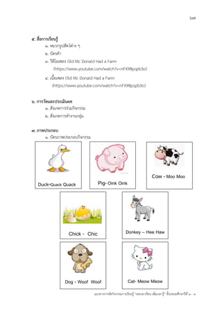 67
แนวทางการจัดกิจกรรมการเรียนรู฾ “ลดเวลาเรียน เพิ่มเวลารู฾” ชั้นปะถมศึกษาปีที่ 1 - 3
5. สื่อการเรียนรู้
1. หมวกรูปสัตวแต฽าง ๆ
2. บัตรคา
3. วีดิโอเพลง Old Mc Donald Had a Farm
(https://www.youtube.com/watch?v=nFX98pqzb3o)
4. เนื้อเพลง Old Mc Donald Had a Farm
(https://www.youtube.com/watch?v=nFX98pqzb3o)
6. การวัดและประเมินผล
1. สังเกตการร฽วมกิจกรรม
2. สังเกตการทางานกลุ฽ม
7. ภาพประกอบ
1. บัตรภาพประกอบกิจกรรม
Duck-Quack Quack Pig-Oink Oink
Cow -Moo Moo
Dog - Woof Woof Cat- Meow Meow
Chick - Chic Donkey – Hee Haw
 